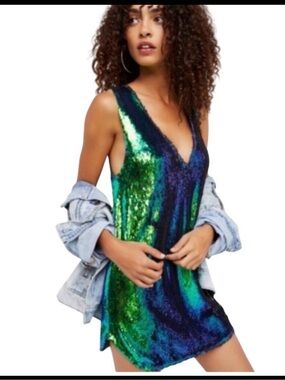 Free People Sequin Mini Dress in Green and Blue